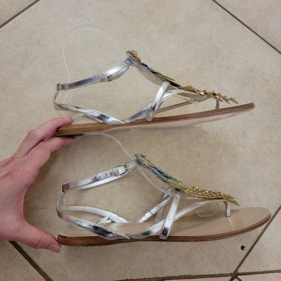 Miu Miu Crystal Parrot Metallic Sandals Silver Gold Embellished Flats 39.5 9.5 - Picture 5 of 12